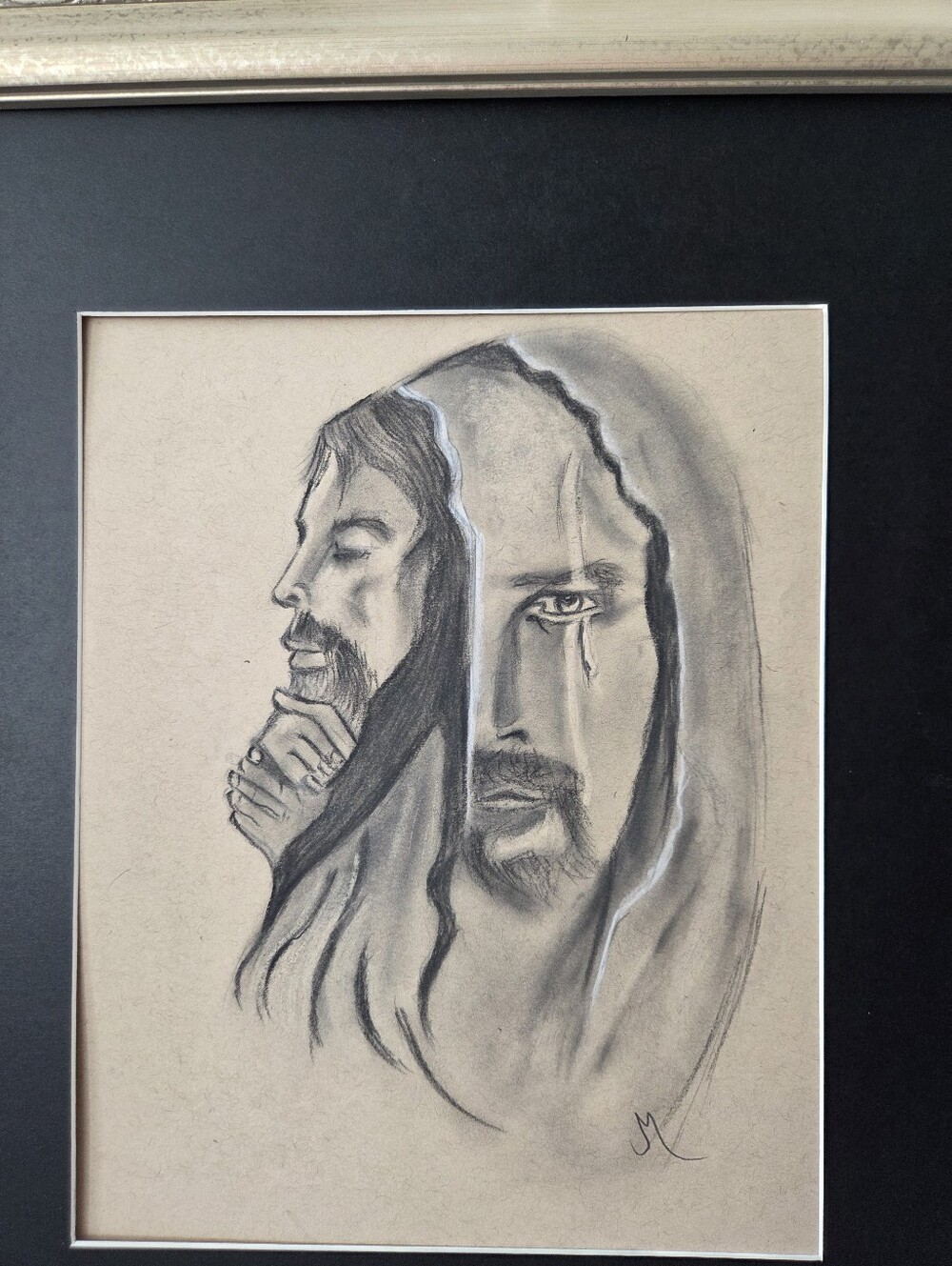 Charcoal  Original Portrait Of JESUS in Black and Cream by the Loose Thread